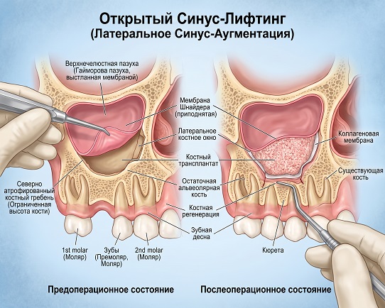 Открытый синус-лифтинг и имплантация одновременн